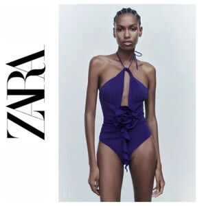 NWT Zara Floral Halter Bodysuit in Bluish, Size XS